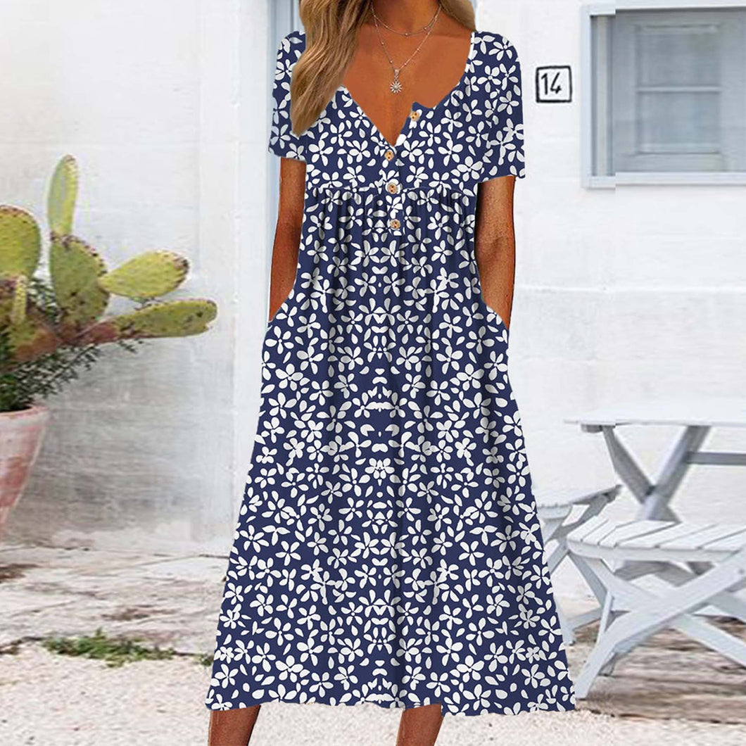 Blue Floral Print Midi Dress