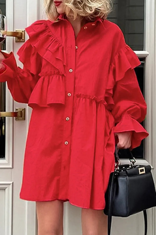 Red Flounce Asymmetrical Turndown Collar Shirt Dress