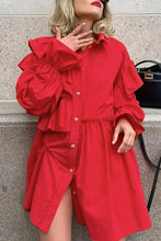 Load image into Gallery viewer, Red Flounce Asymmetrical Turndown Collar Shirt Dress

