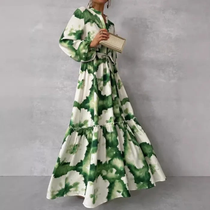 Printed Long Sleeve Ruffled Maxi Dress