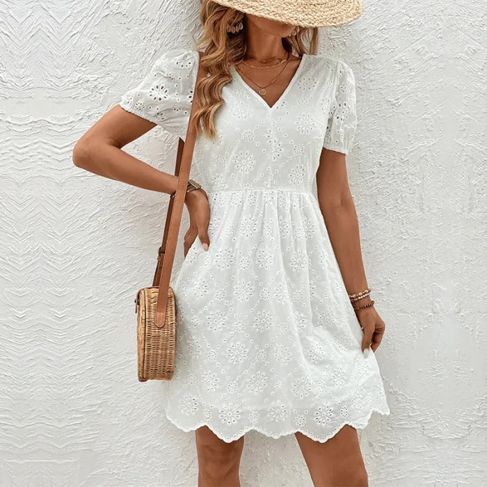 White V-Neck Lace Mini Dress