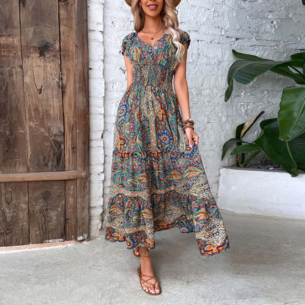 Smocked Printed Cap Sleeve Midi Dress