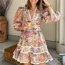 Load image into Gallery viewer, Vintage Print Buttons V Neck Mini Dresses
