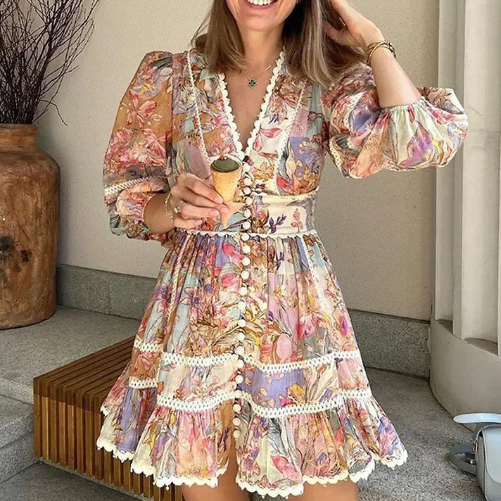 Vintage Print Buttons V Neck Mini Dresses