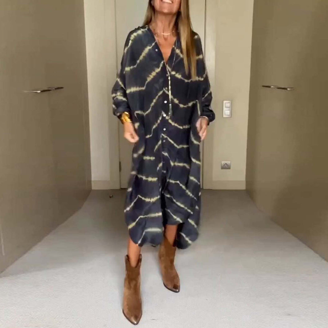 Print Buttons Down Loose Maxi Dress