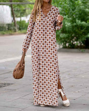 Load image into Gallery viewer, Brown Geometric Print Long Sleeve Maxi Dress
