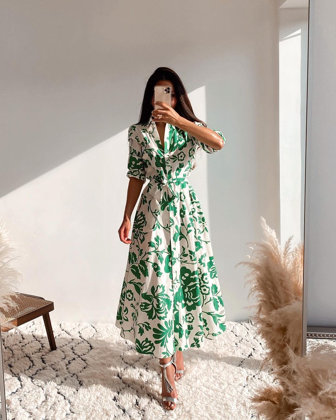 Green Collar Long Sleeve Floral Midi Dress – Femmefinery.store