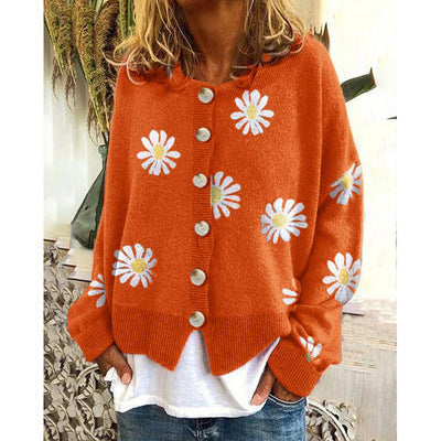 Orange Daisy Print Long Sleeve Cardigan