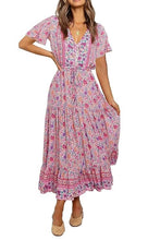 Load image into Gallery viewer, Pink Floral Print Cotton Short Sleeve Flowy Midi Dress
