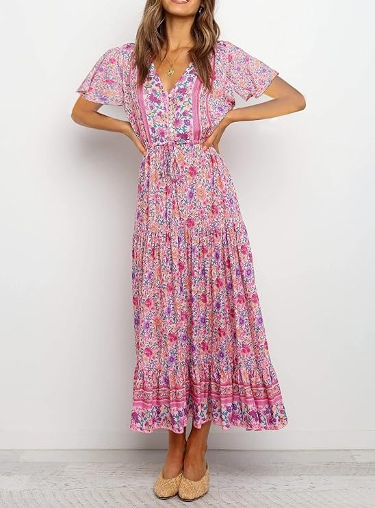 Pink Floral Print Cotton Short Sleeve Flowy Midi Dress