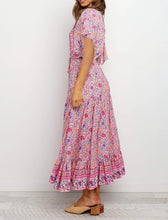 Load image into Gallery viewer, Pink Floral Print Cotton Short Sleeve Flowy Midi Dress
