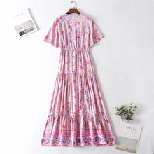 Load image into Gallery viewer, Pink Floral Print Cotton Short Sleeve Flowy Midi Dress
