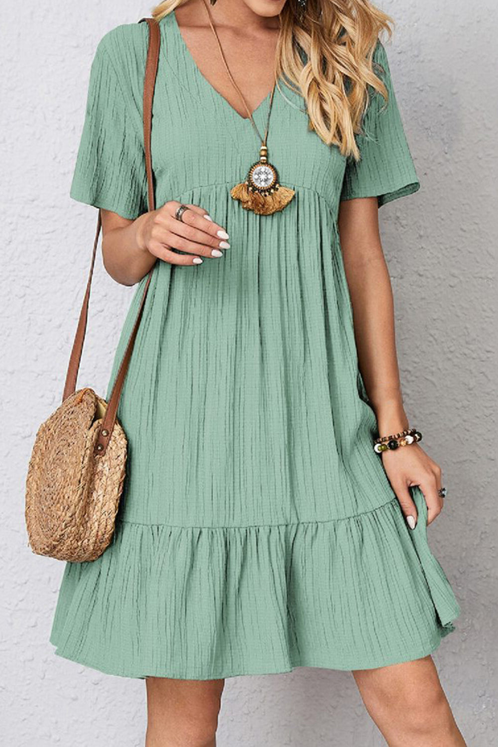 Ruched V-Neck Short Sleeve Mini Dress