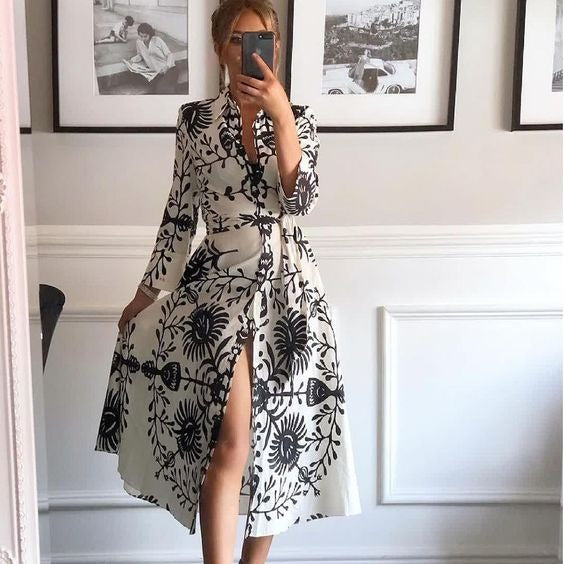 White Print Long Sleeve Button Down Midi Dress