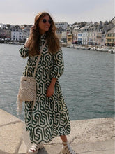 Load image into Gallery viewer, Collar Long Sleeves Print Button Down Midi Dress
