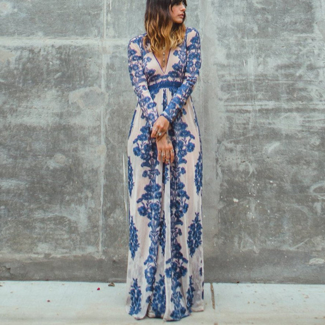 Embroidery Lace Sheer Long Sleeve Deep V Neck Boho Bohemian Beach Dress Gown