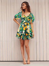 Load image into Gallery viewer, Floral Puff Sleeve Hollow Out Waist Mini Dress
