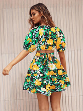 Load image into Gallery viewer, Floral Puff Sleeve Hollow Out Waist Mini Dress
