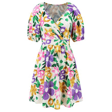Load image into Gallery viewer, Floral Puff Sleeve Hollow Out Waist Mini Dress
