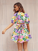 Load image into Gallery viewer, Floral Puff Sleeve Hollow Out Waist Mini Dress
