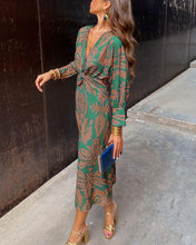 Load image into Gallery viewer, Classic Deep V-neck Print Long Sleeve Midi Dress
