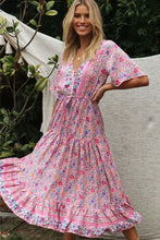 Load image into Gallery viewer, Pink Floral Print Cotton Short Sleeve Flowy Midi Dress
