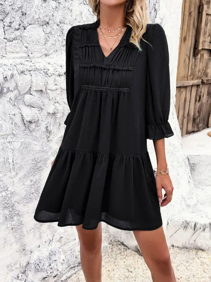 Ruched Notched Flounce Long Sleeve Mini Dress