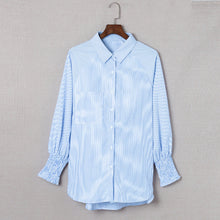 Load image into Gallery viewer, Blue Smocked Cuffed Striped Boyfriend Shirt With Pocket
