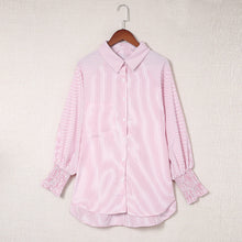 Load image into Gallery viewer, Blue Smocked Cuffed Striped Boyfriend Shirt With Pocket
