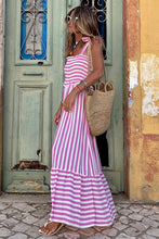 Load image into Gallery viewer, Striped Ruched Ribbon Straps Quilted Vacation Maxi Dress
