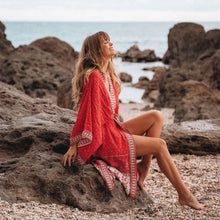 Load image into Gallery viewer, Red Boho Loose Print Kimono Cover up
