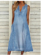 Load image into Gallery viewer, Notched Sleeveless Pockets Midi Denim Dress
