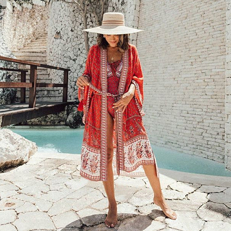 Red Boho Loose Print Kimono Cover up