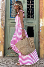 Load image into Gallery viewer, Striped Ruched Ribbon Straps Quilted Vacation Maxi Dress
