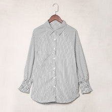 Load image into Gallery viewer, Blue Smocked Cuffed Striped Boyfriend Shirt With Pocket
