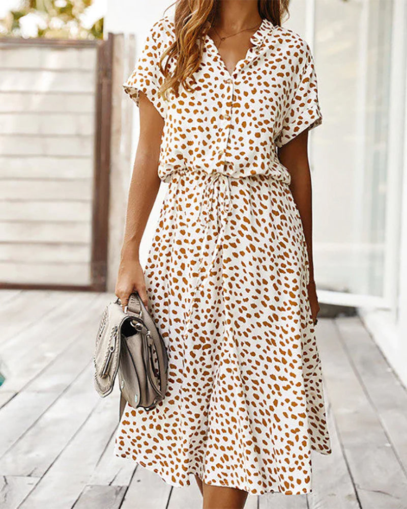 Beige Dots Print Midi Dress