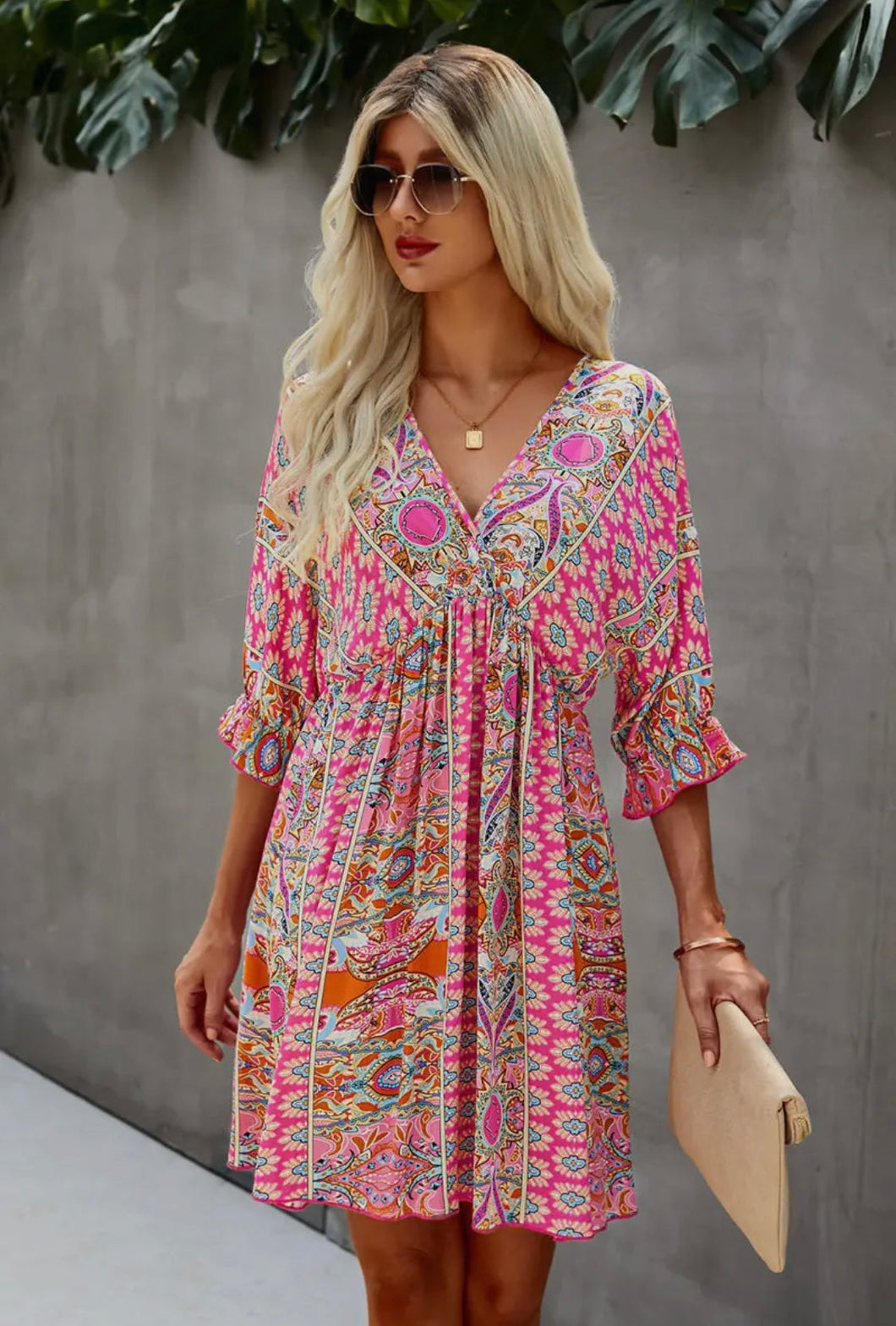 V-neck Empired Printed Mini Dress