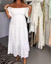 Load image into Gallery viewer, White Elastic Neck Half Sleeve Midi Lace Dress
