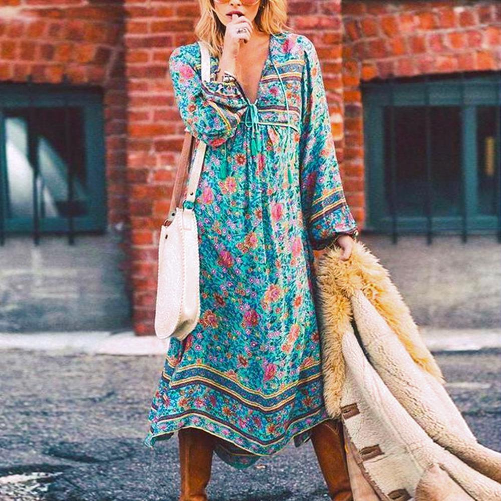 Boho Long Sleeves Floral Loose Midi Dress – Femmefinery.store