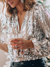 Load image into Gallery viewer, Wrap Sequin Decor Lantern Sleeve Top
