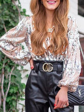 Load image into Gallery viewer, Wrap Sequin Decor Lantern Sleeve Top

