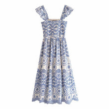 Load image into Gallery viewer, Blue Embroidery Hollow Out Midi Dress
